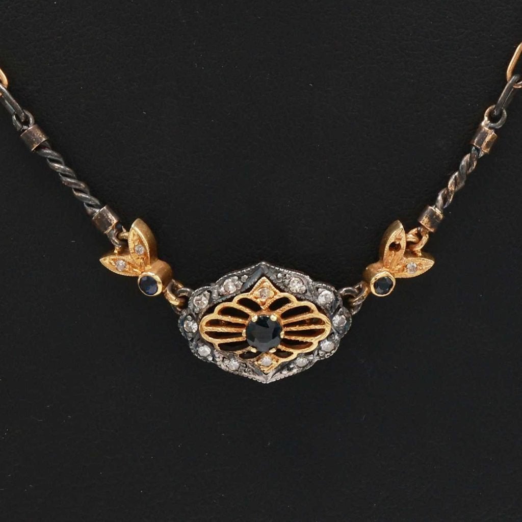 Antieke 18k gouden & zilveren ketting met diamant en saffier, Ophalen of Verzenden, Goud, Ketting, Met edelsteen