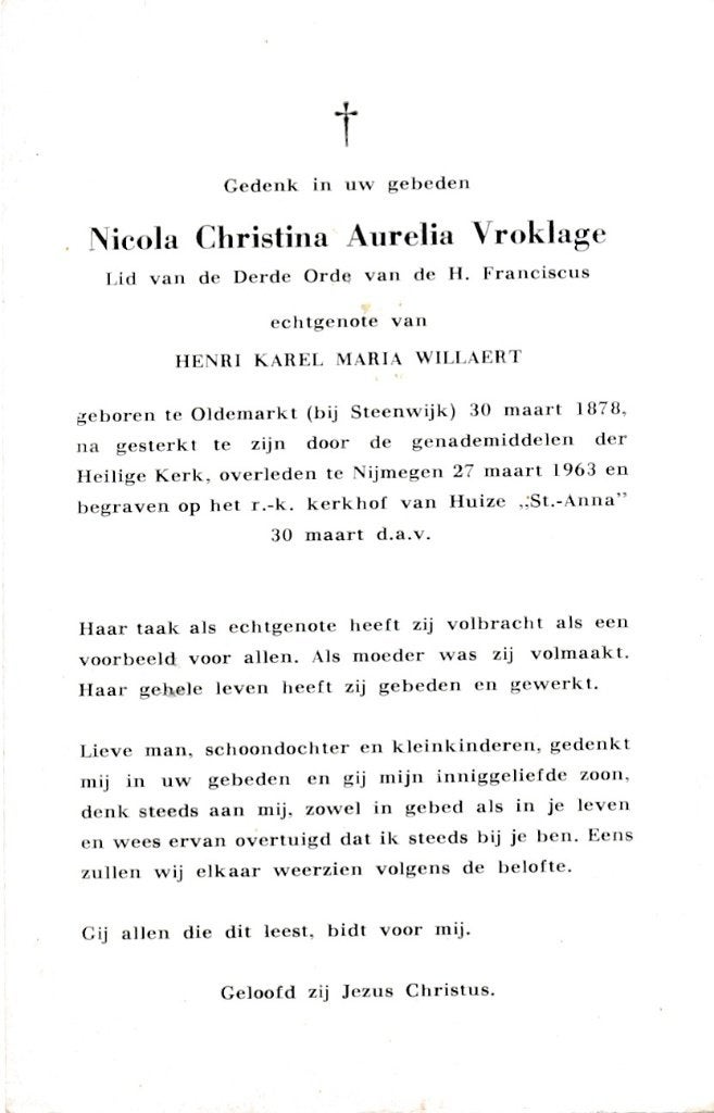 Vroklage Nicola 1878 Oldemarkt 1963 Nijmegen, Ophalen of Verzenden, Bidprentje