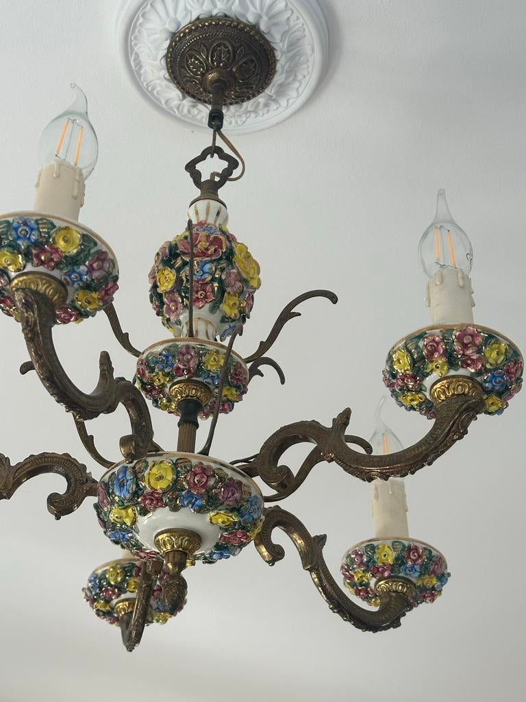 Antieke Italiaanse Kroonluchter met Bloemmotief, Huis en Inrichting, Lampen | Kroonluchters, Ophalen, Zo goed als nieuw, Metaal