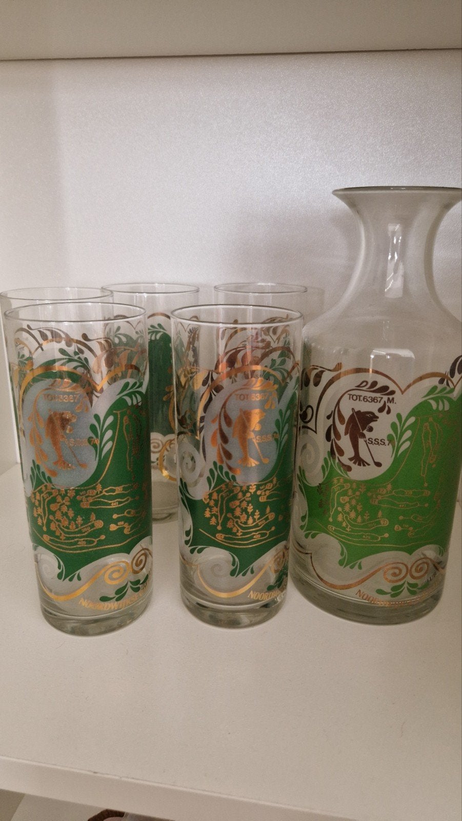 Vintage karaf en glazen set met golfmotief, Antiek en Kunst, Ophalen of Verzenden
