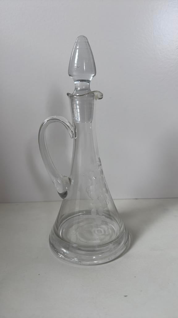Glazen karaf met stop en handvat (hoogte 20cm), Ophalen of Verzenden, Zo goed als nieuw