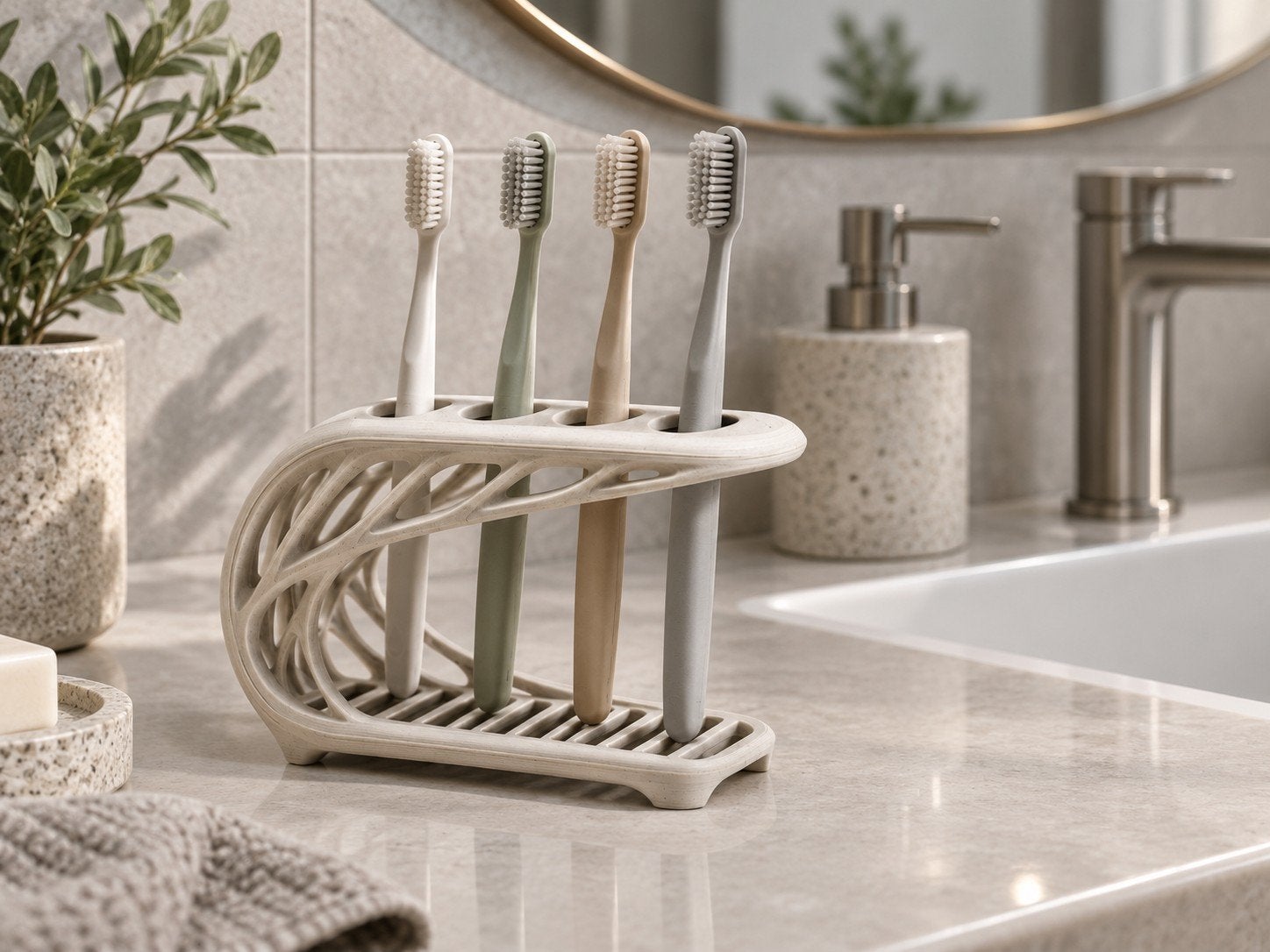 Nieuw - Design Tandenborstelhouder voor 4 Tandenborstels – M, Huis en Inrichting, Ophalen of Verzenden, Beige
