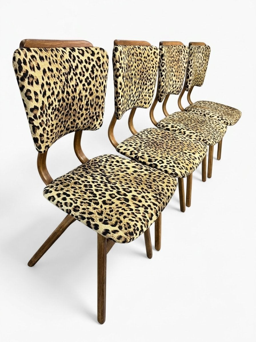 4 vintage stoelen panterprint nieuw | volledig gerestaureerd, ., Vintage, Ophalen of Verzenden, Zo goed als nieuw