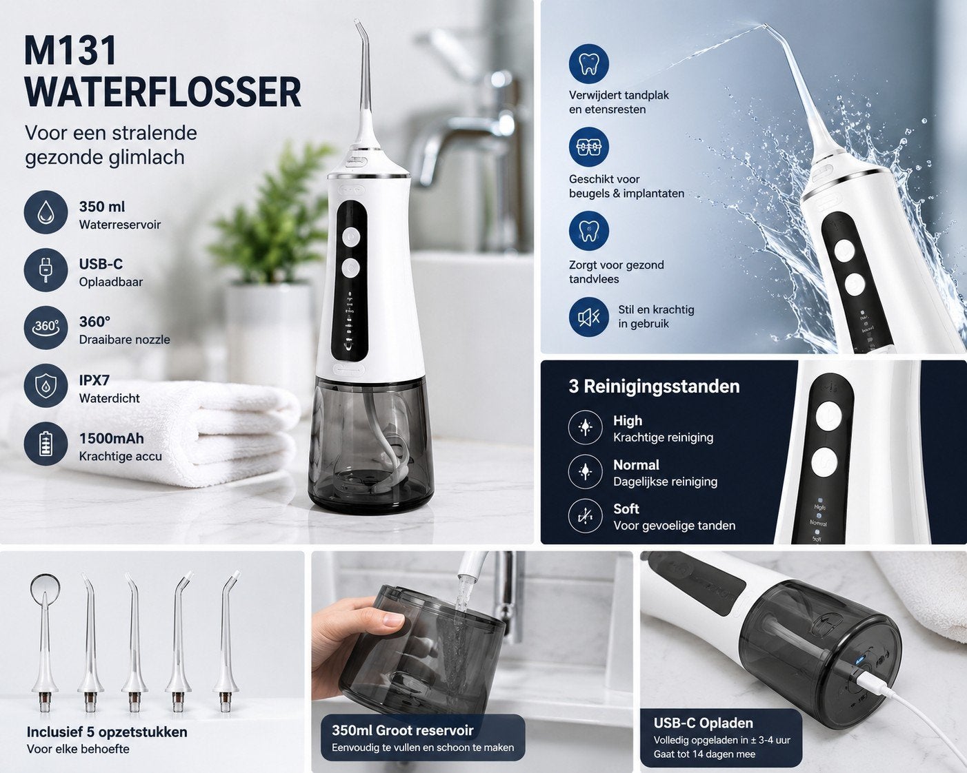 Draadloze Waterflosser M131 – USB-C Oplaadbaar | 350 ml | IP, Overige typen, Nieuw, Ophalen of Verzenden, Babijhandel@gmail.com