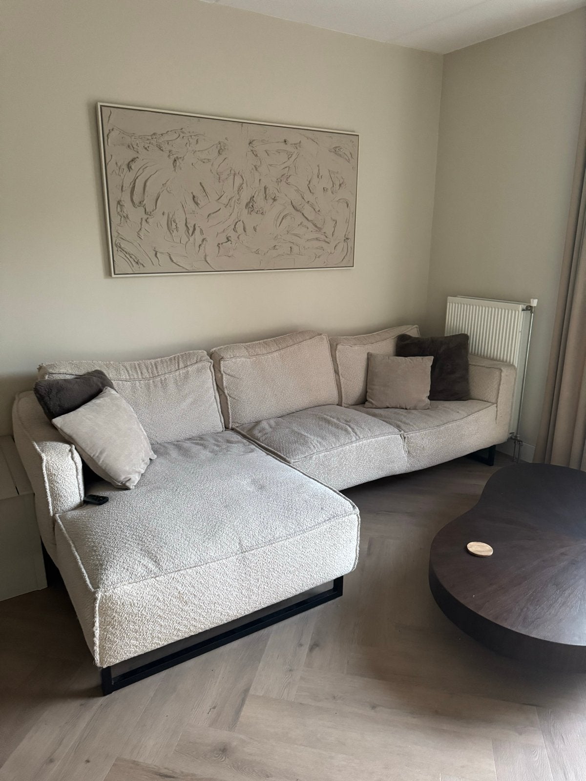 Comfortabele Bouclé Hoekbank - Gebruikt, Opknapbeurt Nodig, Huis en Inrichting, Banken | Bankstellen, 250 tot 300 cm, Gebruikt