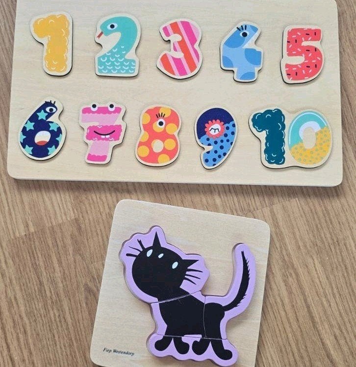 Houten hema puzzels: Cijfers en kat, 2 tot 4 jaar, Gebruikt, 10 tot 50 stukjes, Ophalen of Verzenden