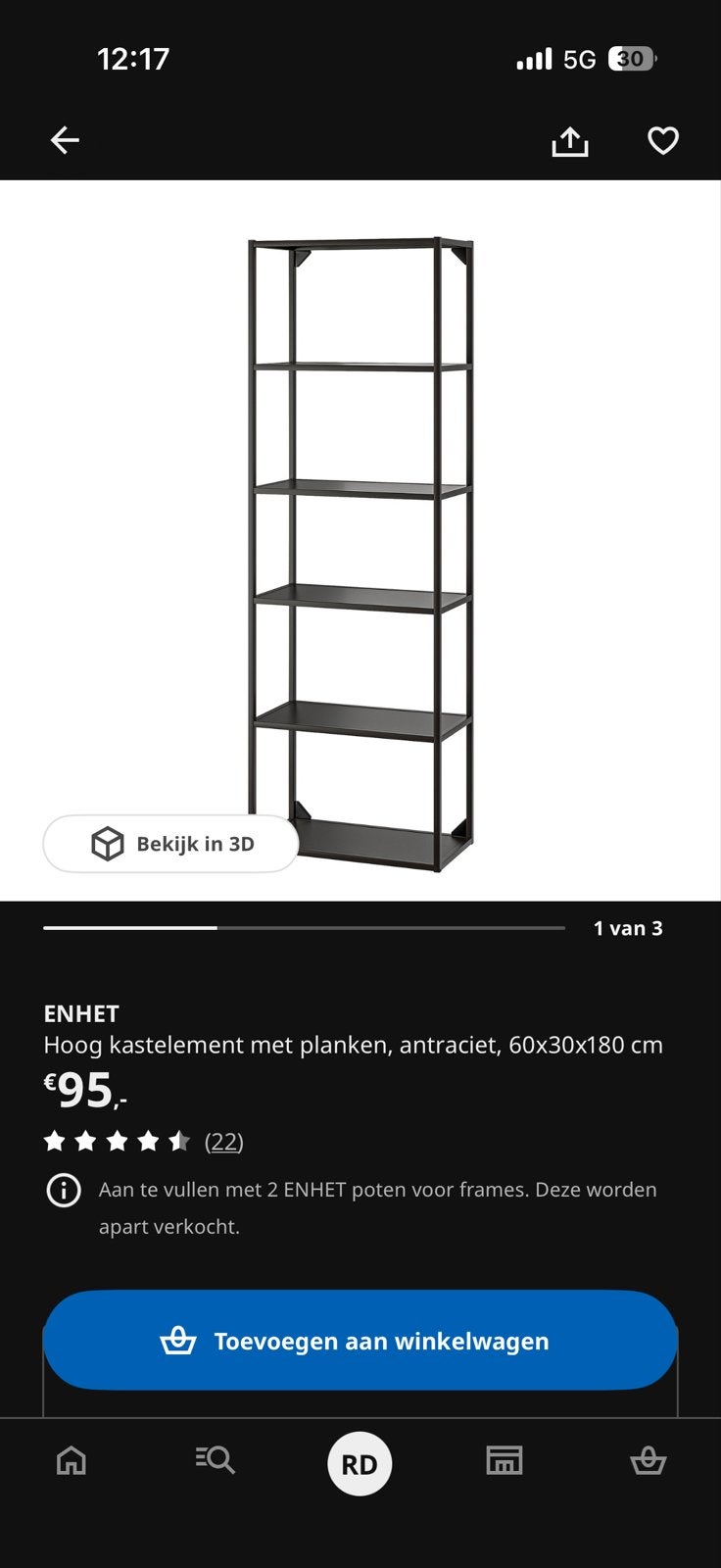 3 x IKEA ENHET Hoog kastelement antraciet, Ophalen, Met plank(en), 50 tot 100 cm, Zo goed als nieuw
