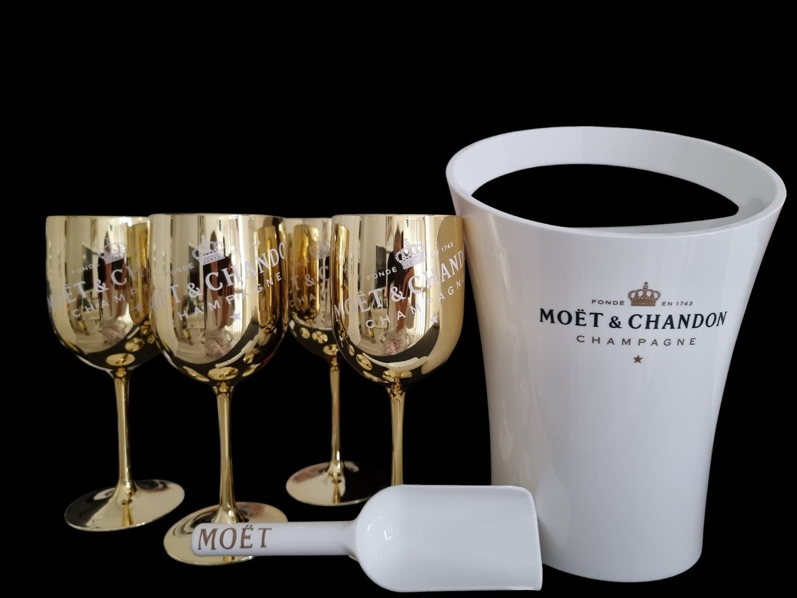 Moet&Chandon Champagne Koeler 4 Gouden Glazen + Ijsschep., Verzamelen, Glas en Borrelglaasjes, Nieuw, Overige typen, Ophalen of Verzenden