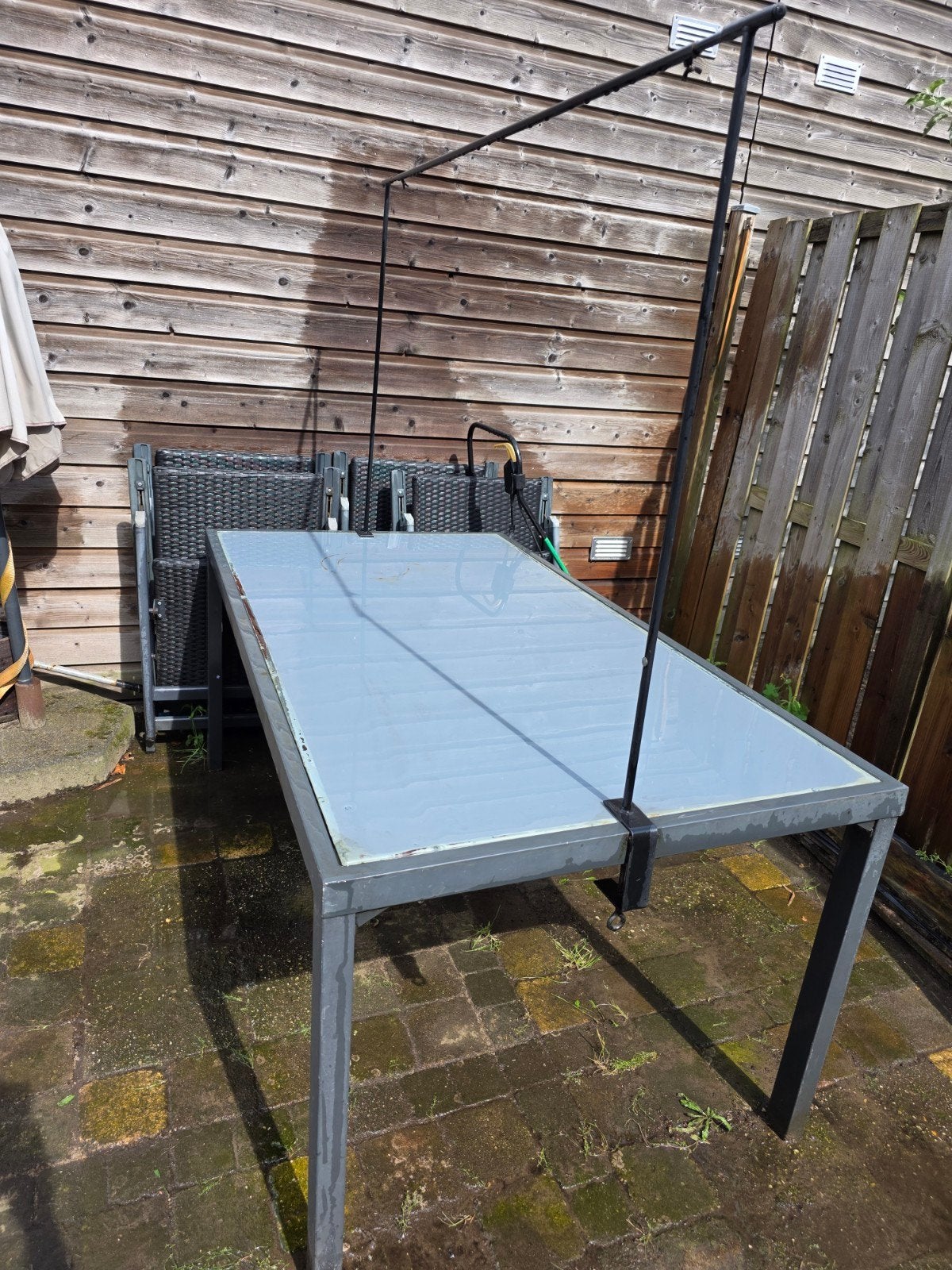 Gebruikt tuinset: 4 wicker stoelen en tafel (160x90 cm), Ophalen, 4 zitplaatsen, Gebruikt, Wicker