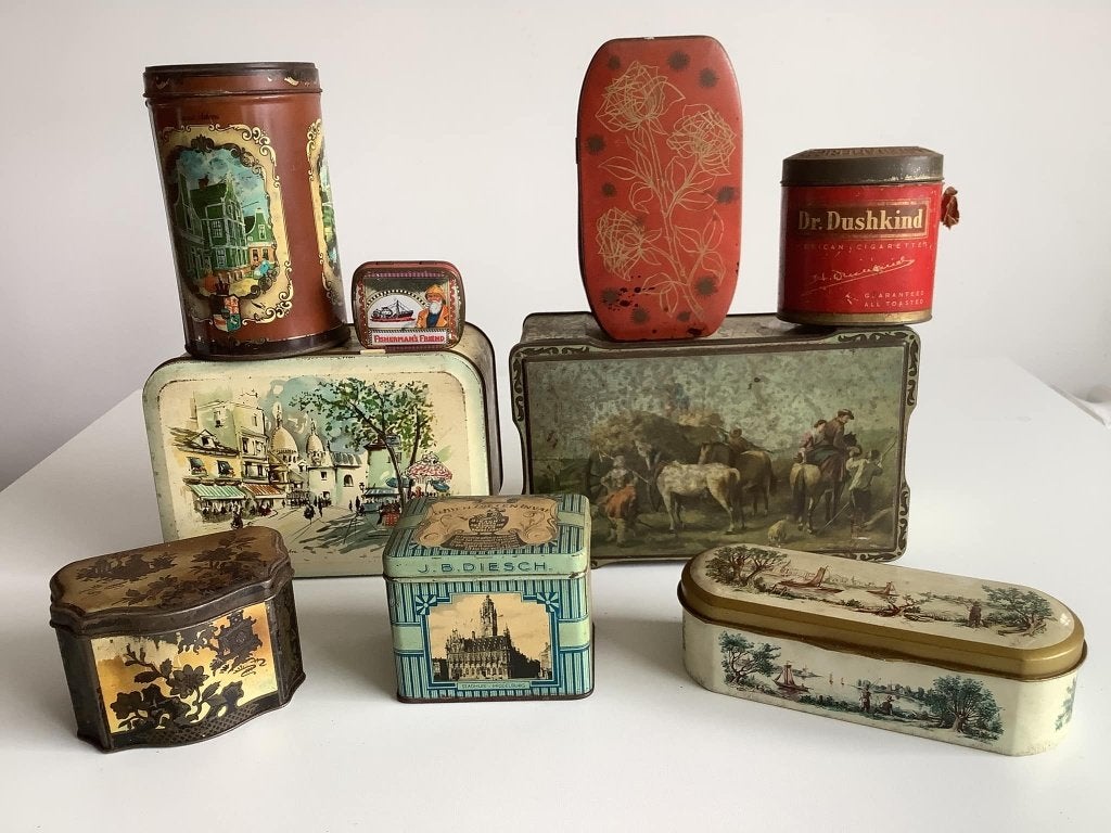 verzameling vintage blikken sale 4 per stuk, Ophalen of Verzenden, Gebruikt, Overige