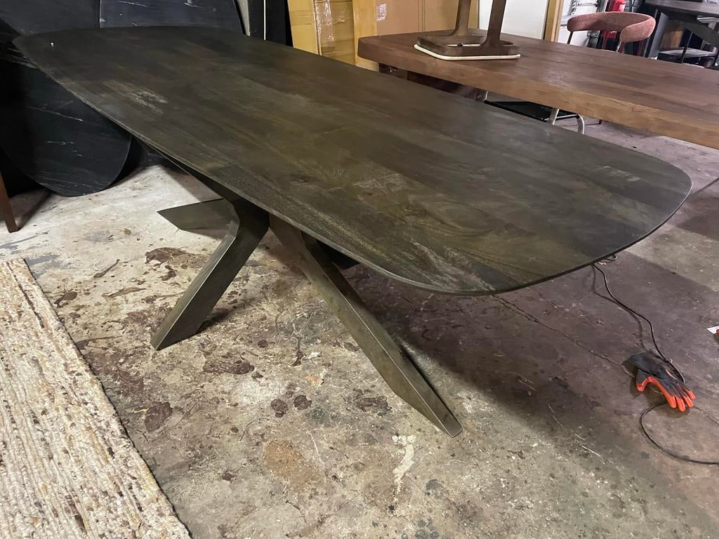 Deense Ovale Eettafel 240x100 Massief Mangohout Notenkleur, Ophalen, 100 tot 150 cm, Vijf personen of meer, Ovaal