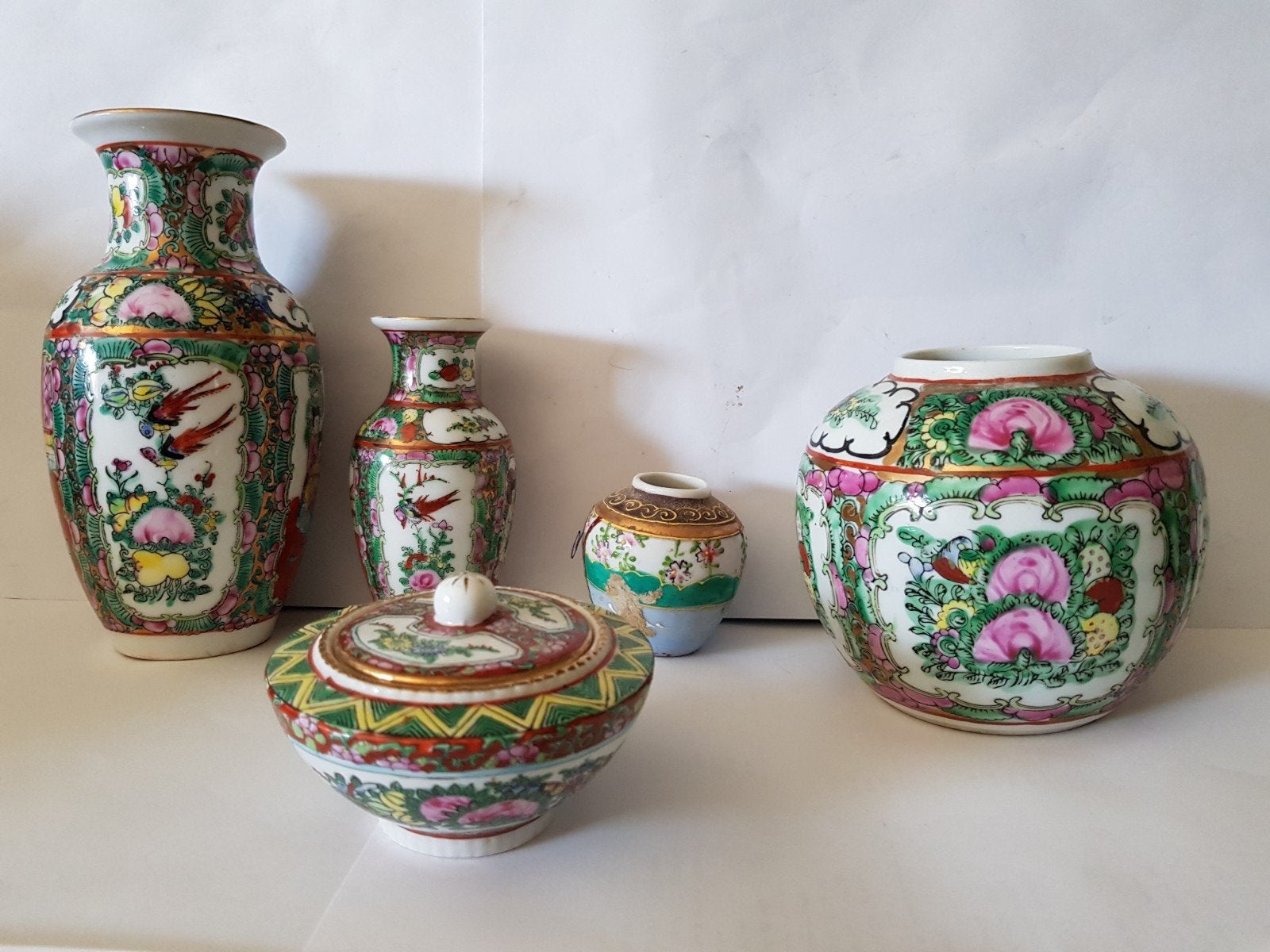Set van 5 Oude Chinese Porseleinen Potjes - Vogels & Bloemen, Ophalen of Verzenden