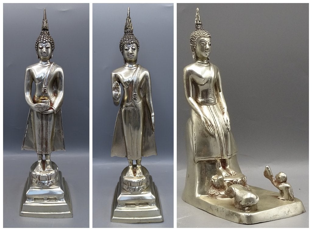 Set Partij van 3 verzilverd brons boeddha beelden Thailand, Ophalen of Verzenden, Zo goed als nieuw, Nvt, Nvt