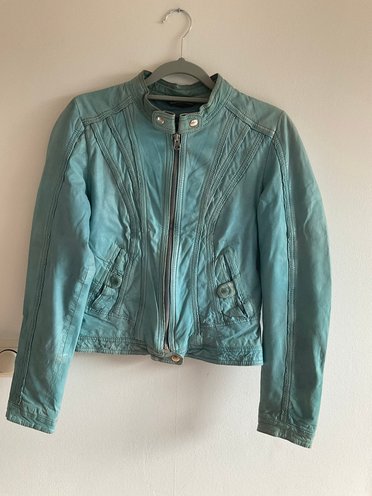 Kort turqoise leren jasje vintage look, Kleding | Dames, Ophalen of Verzenden, Zo goed als nieuw, Maat 36 (S), Blauw