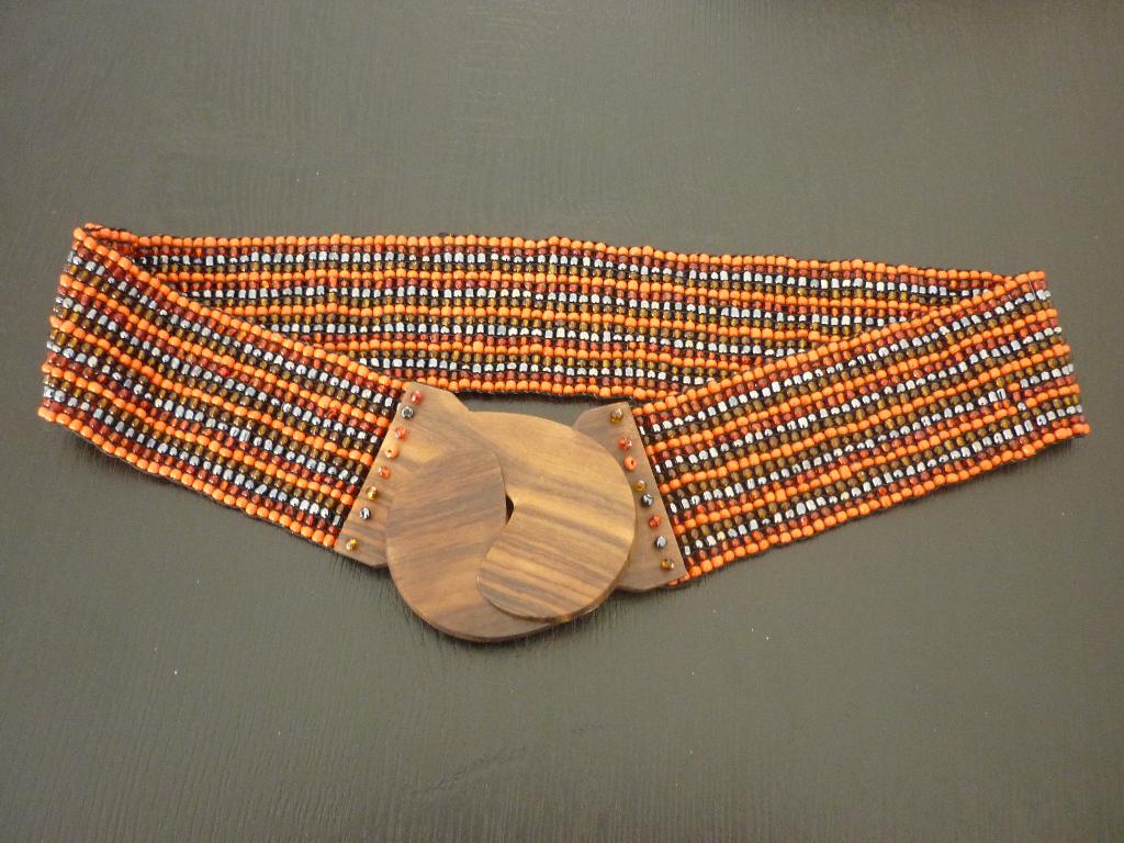 Elastische riem / ceintuur oranje bruin / gesp hout / kralen, Overige kleuren, 5 cm of meer, Minder dan 80 cm, Heupriem