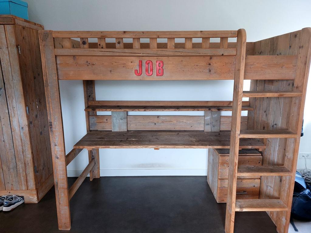 Hoogslaper met bureau Steigerhout, Ophalen, Gebruikt, Hoogslaper