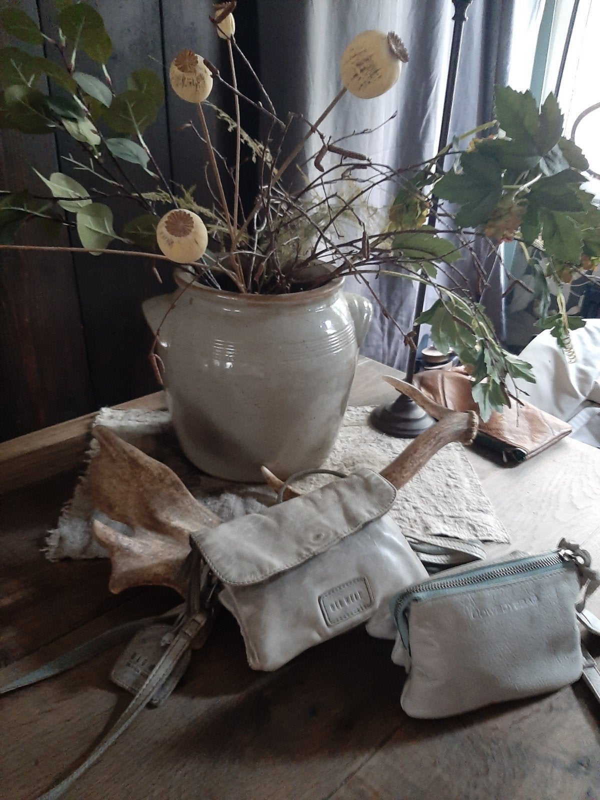 2 leren grijze tasjes cowboybag/old west, Ophalen of Verzenden, Zo goed als nieuw, Grijs
