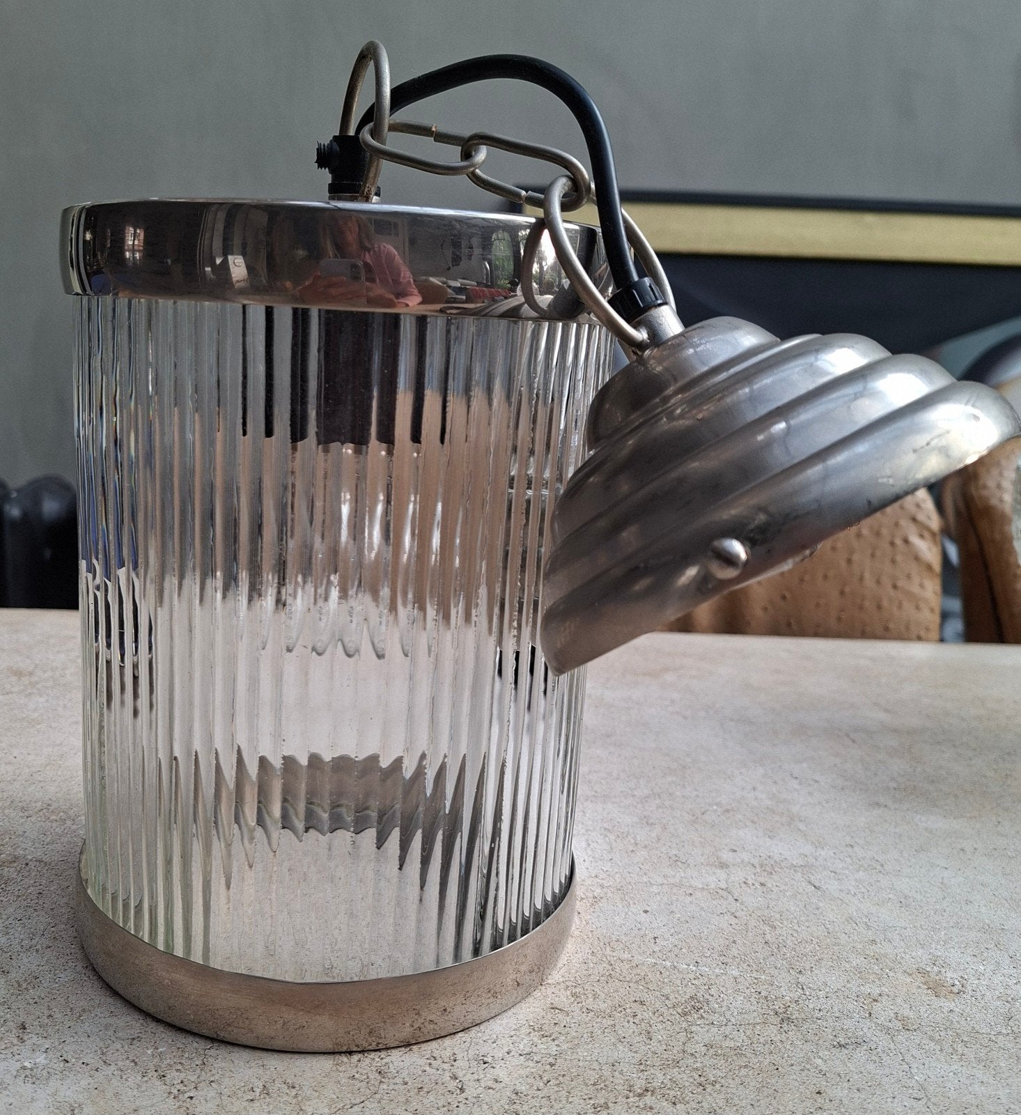 Riviera maison hanglamp met geribbeld glas en metalen accent, Gebruikt, Glas, Vintage, Retro, Industrieel, E27 (groot)