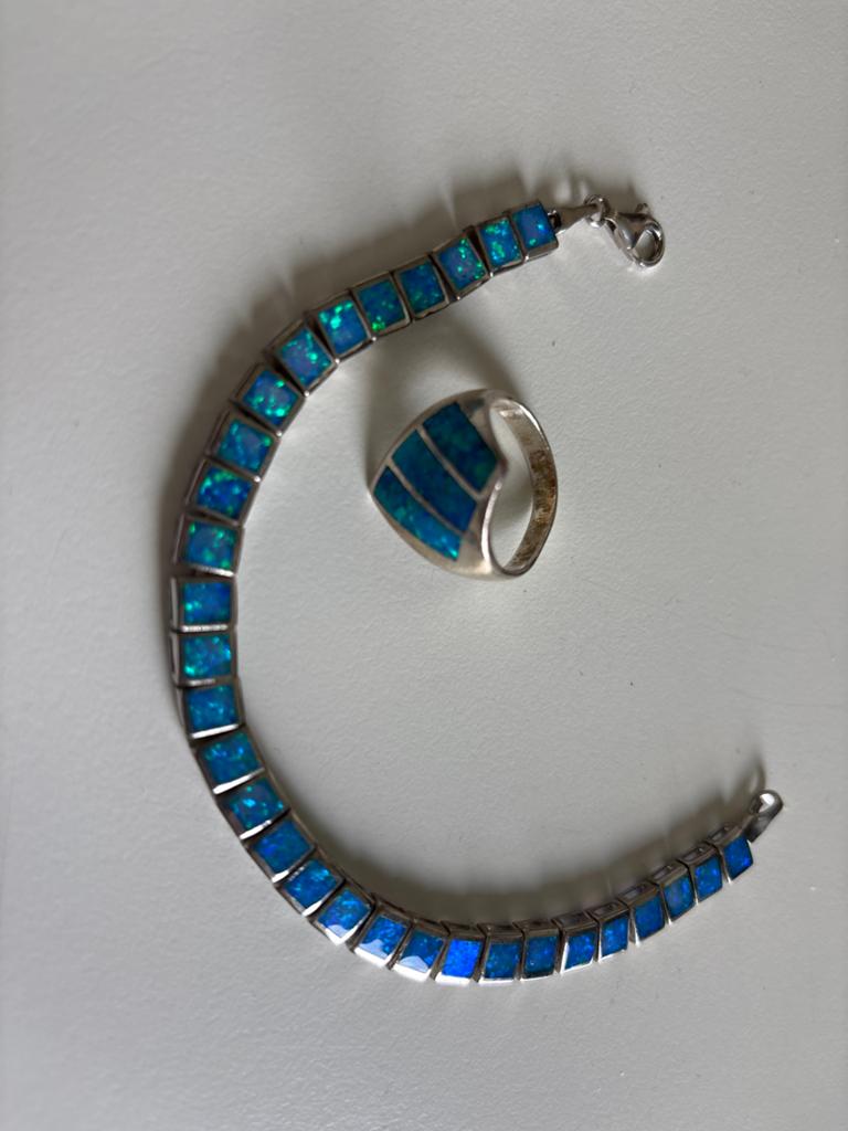 Zilveren armband en ring met handgemaakt Griekse opaalstenen, Sieraden, Tassen en Uiterlijk, Armbanden, Gebruikt, Zilver, Blauw