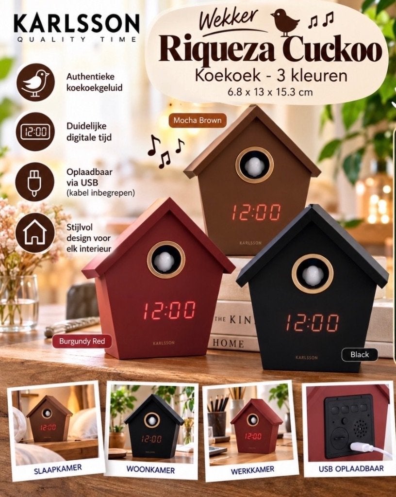 Karlssson Koekoek klok/wekker in 3 kleuren leverbaar., Wandklok, Nieuw, Ophalen of Verzenden, Overige kleuren