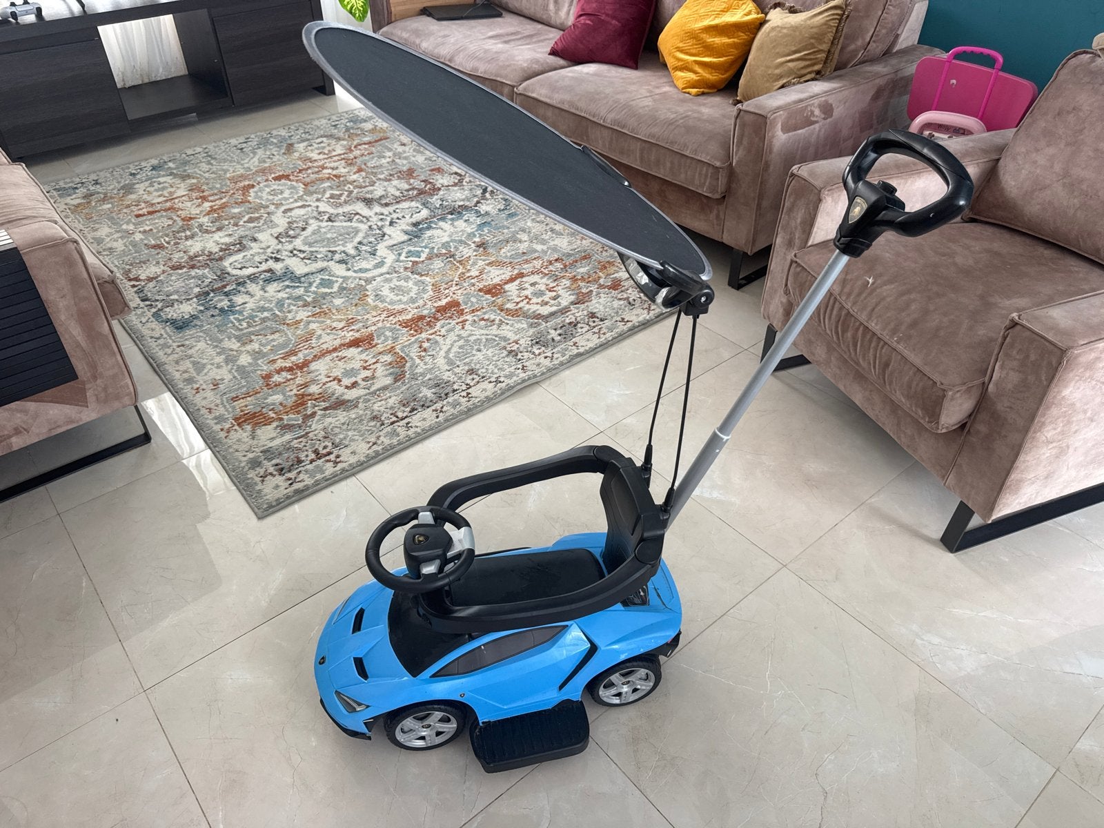 Lamborghini loopauto met duwstang en zonnescherm, Kinderen en Baby's, Speelgoed | Buiten | Voertuigen en Loopfietsen, Ophalen