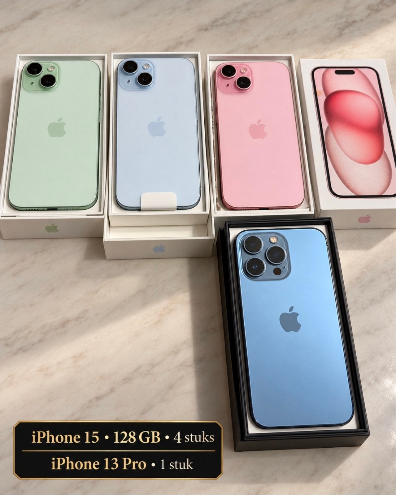 iPhone 15 (4x) en iPhone 13 Pro (1x) - Nieuwstaat, Telecommunicatie, 128 GB, IPhone 15, Nieuw, Ophalen of Verzenden
