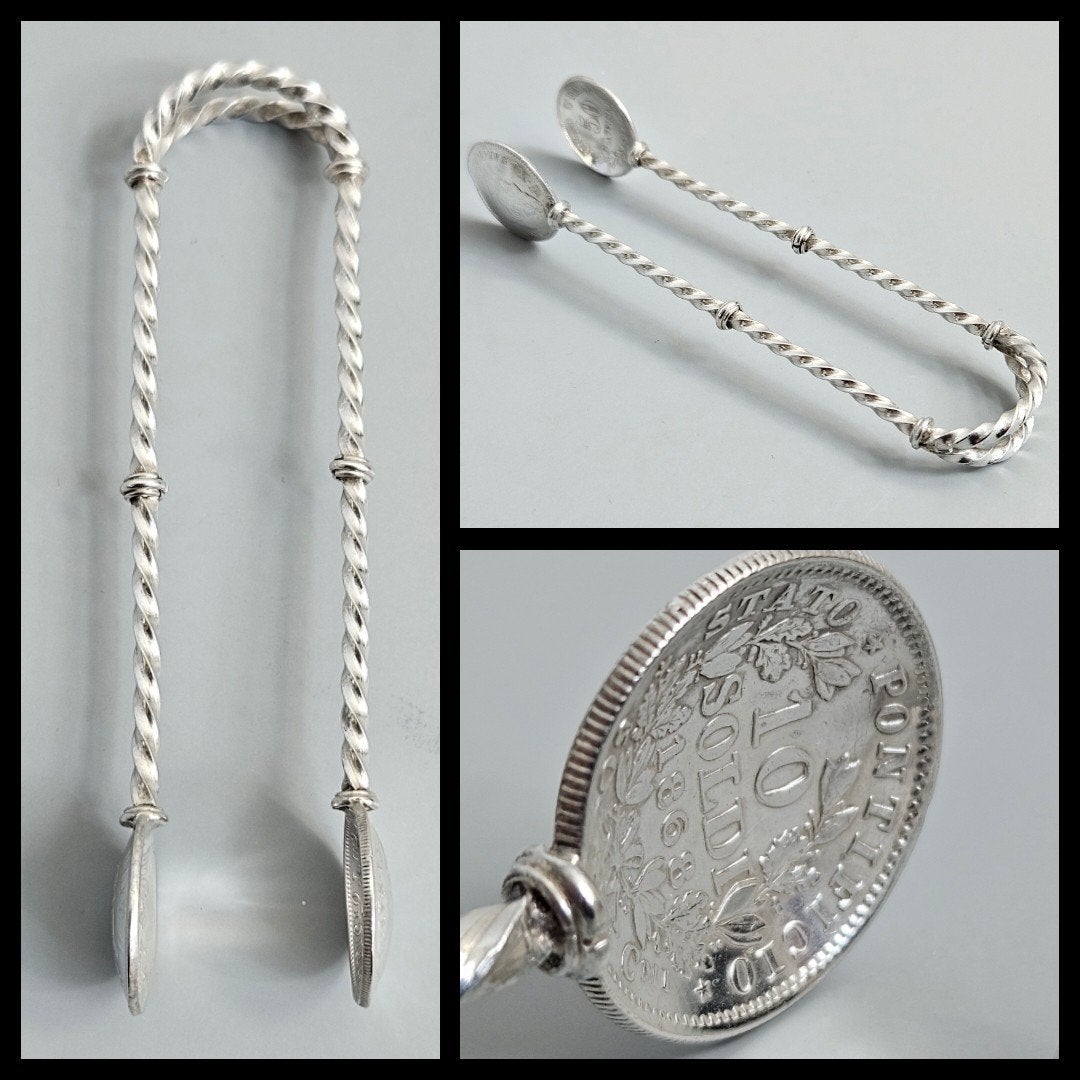 antiek zilver,  getorste klontjestang met zilveren munten, Ophalen of Verzenden, Zilver