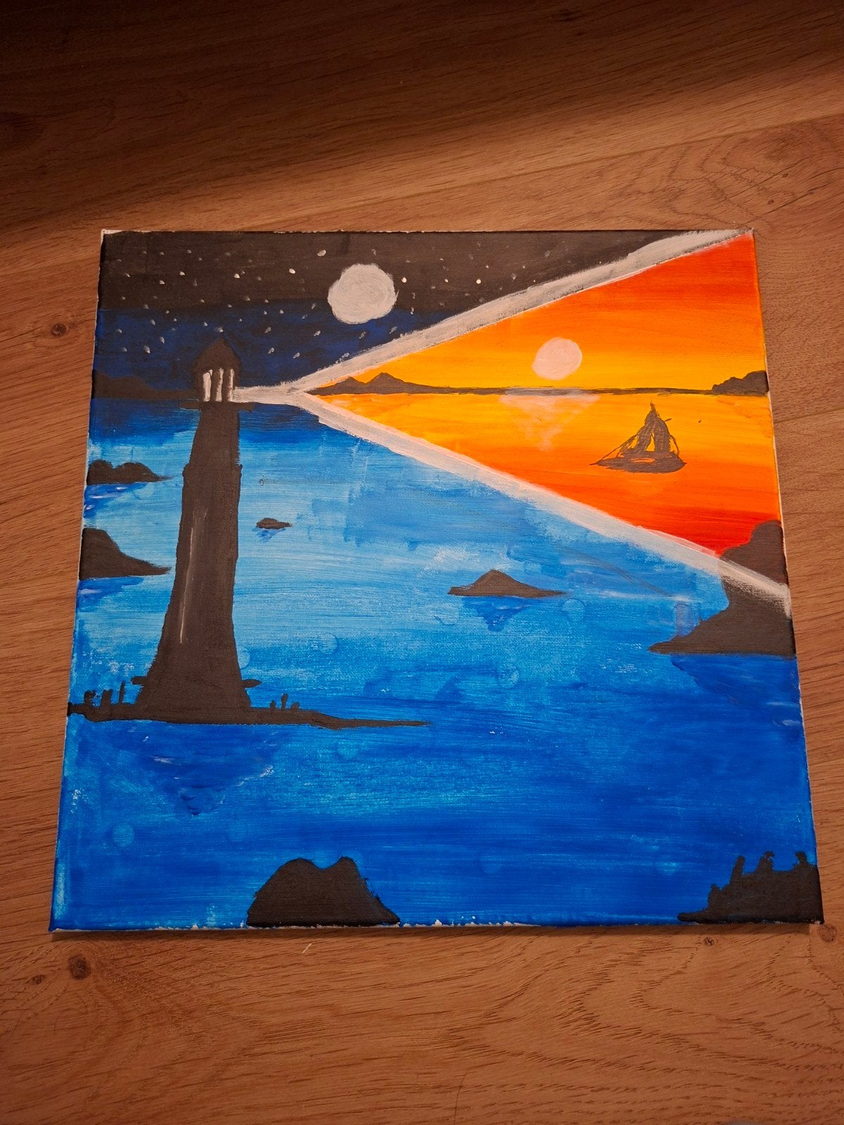 Handgemaakt Schilderij: Dag en Nacht bij de Vuurtoren, Ophalen of Verzenden, Origineel werk, Maritiem / water, Acrylverf
