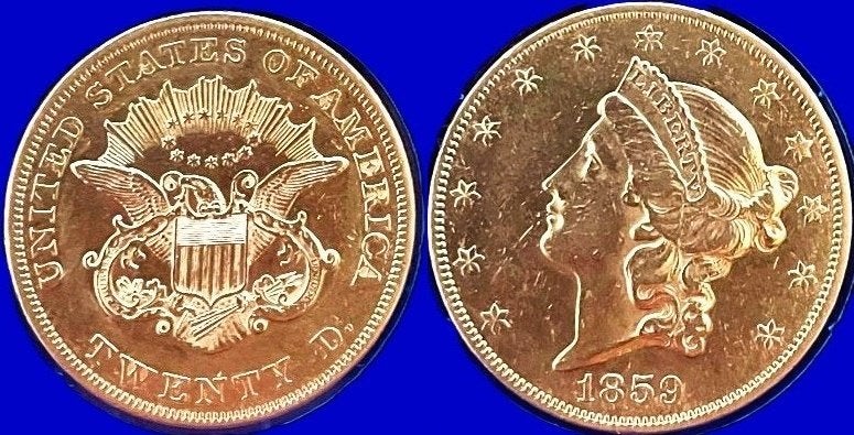 Gouden munt $20 Double Eagle 1859 Philadelphia zeer zeldzaam, Postzegels en Munten, Ophalen, Noord-Amerika, Losse munt, Goud