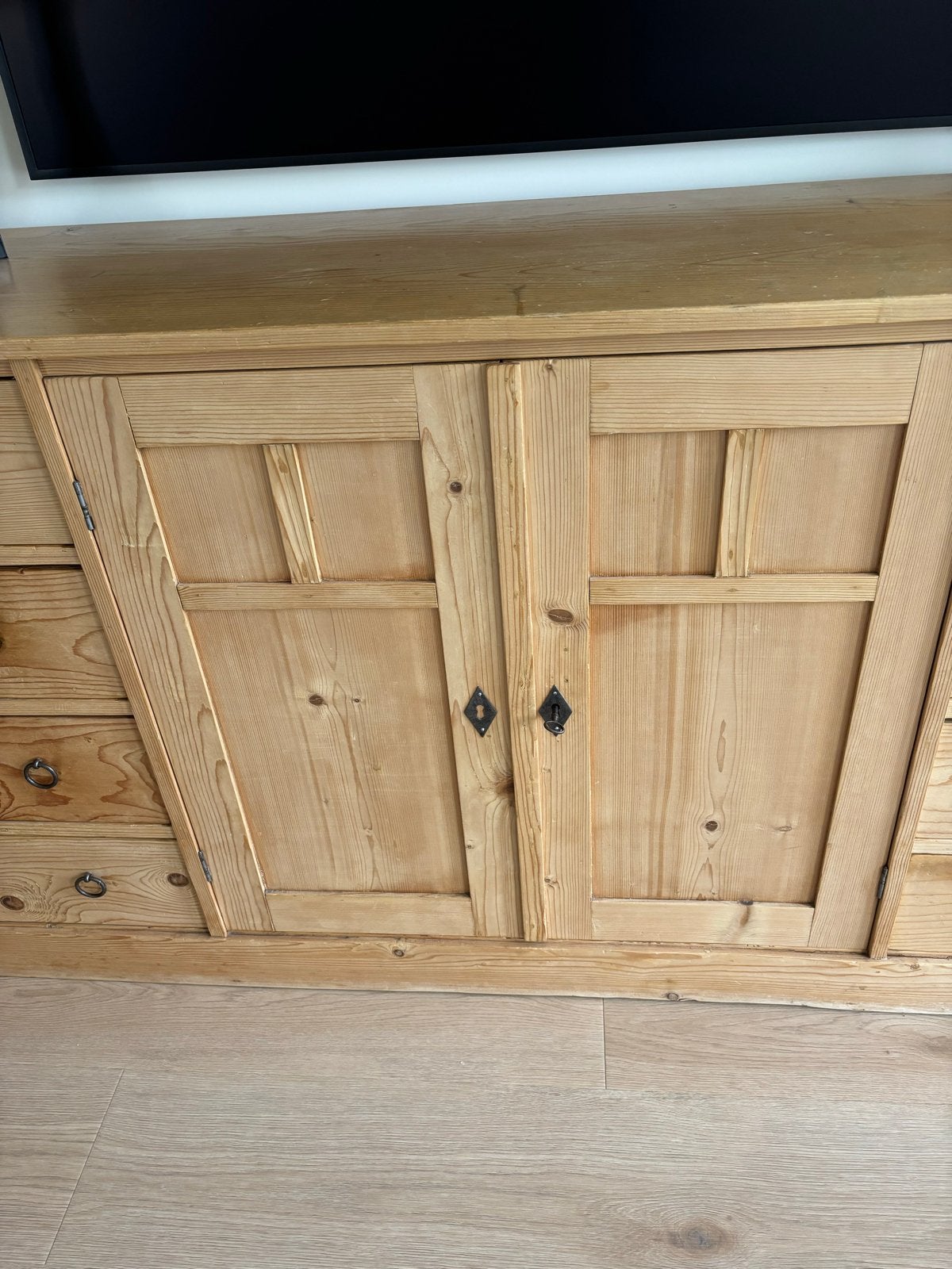 Origineel Grenen dressoir met 8 laden en dubbel kastje, Ophalen, Gebruikt, 200 cm of meer, Met lade(s)