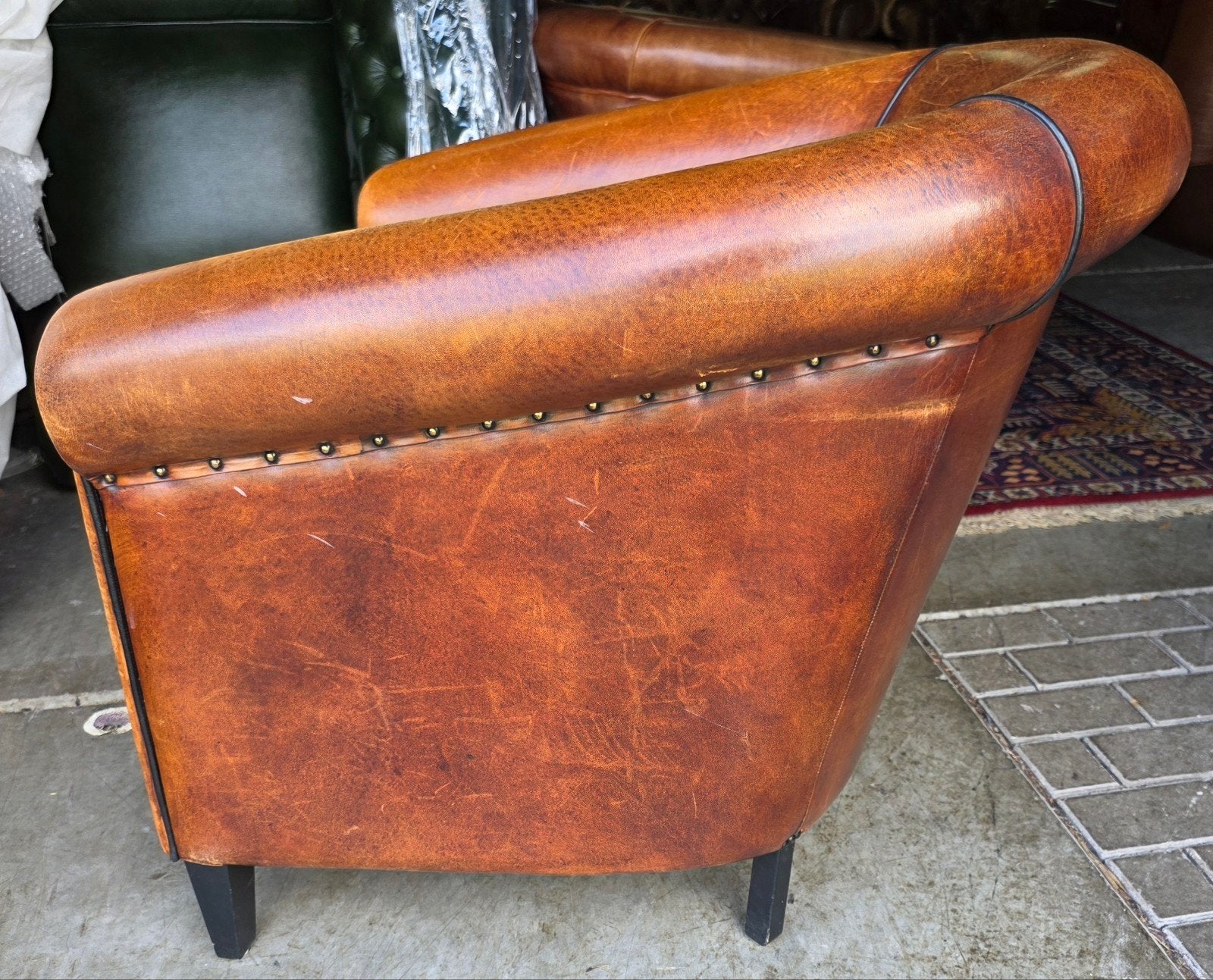 Vintage schapenleren Clubfauteuil Chesterfield + BEZORGING, Gebruikt, Vintage, Klassiek, Clubfauteuil, Onbekend, Ophalen of Verzenden