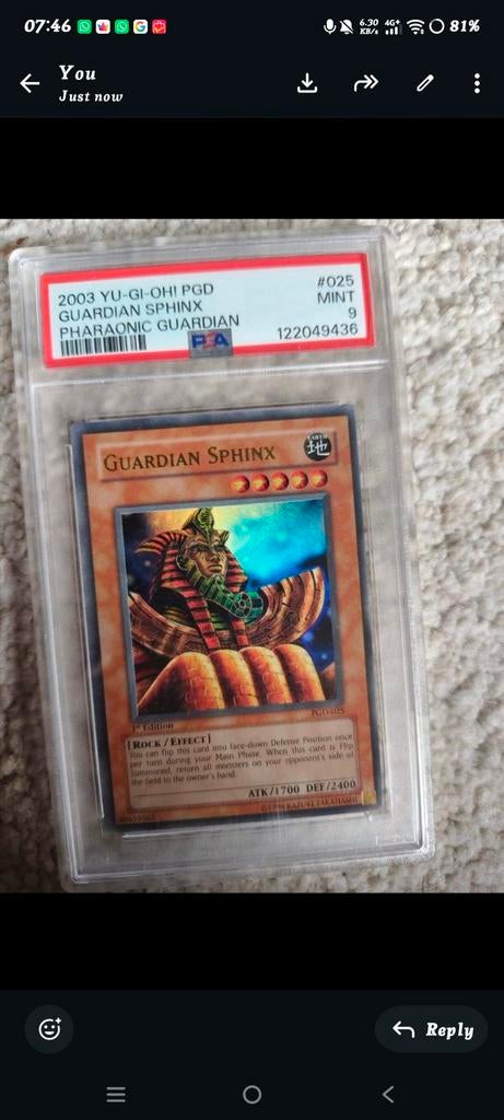 Yu-Gi-Oh! Guardian Sphinx PGD-025 1st Ed. PSA 9 Mint, Hobby en Vrije tijd, Verzamelkaartspellen | Yu-gi-Oh!, Zo goed als nieuw