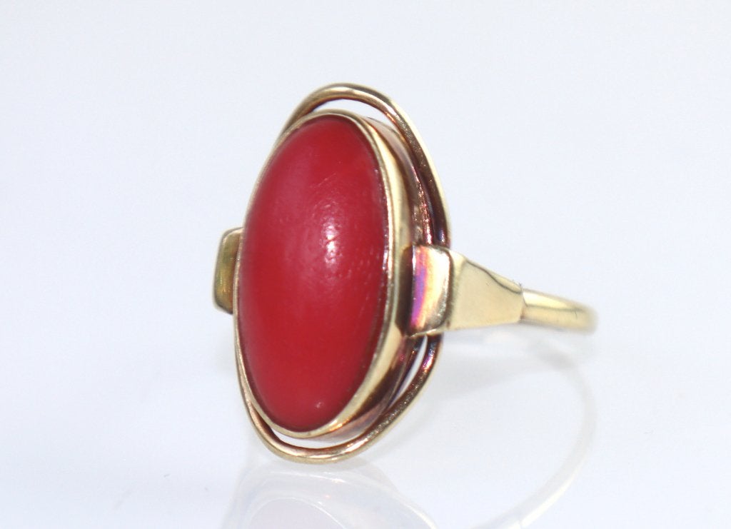 Vintage gouden ring met bloedkoraal, Ophalen of Verzenden, Goud, Ring