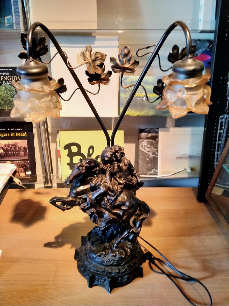 Art-nouveau tafellamp met glazen kappen, Ophalen, Zo goed als nieuw, Glas