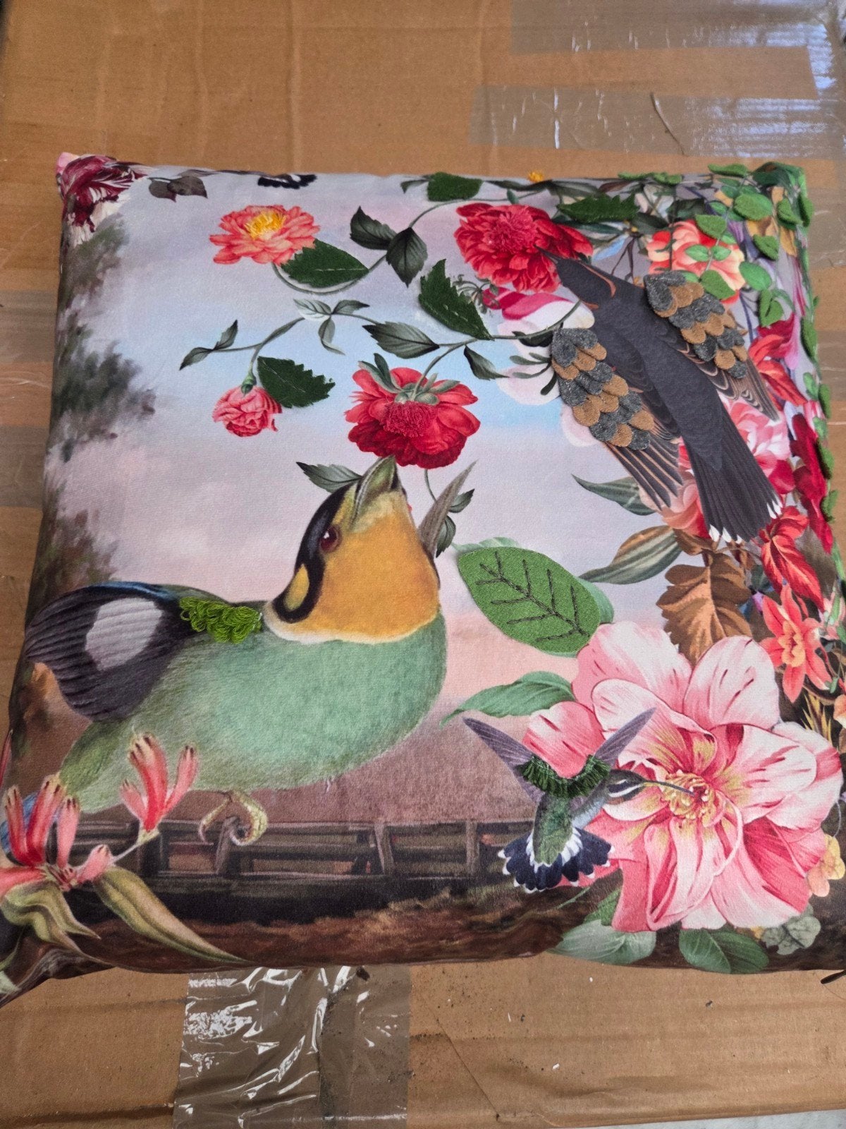 Mars & More Sierkussen met vogel- en bloemenprint, Meerkleurig, Met print, Vierkant, Nieuw