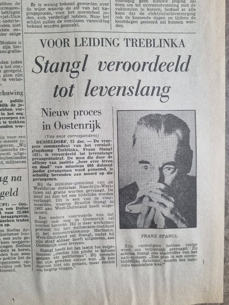 Treblinka commandant Stangl veroordeeld (1970), Ophalen of Verzenden, 1960 tot 1980, Knipsel(s)