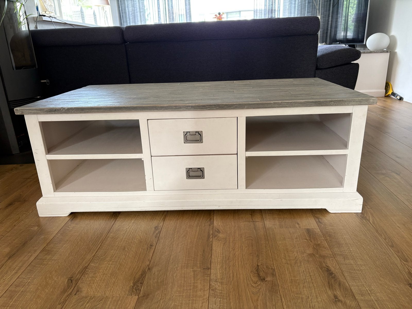 Salontafel met lades en opbergvakken - Wit/Grijs, Ophalen, Gebruikt, 100 tot 150 cm, 50 tot 100 cm