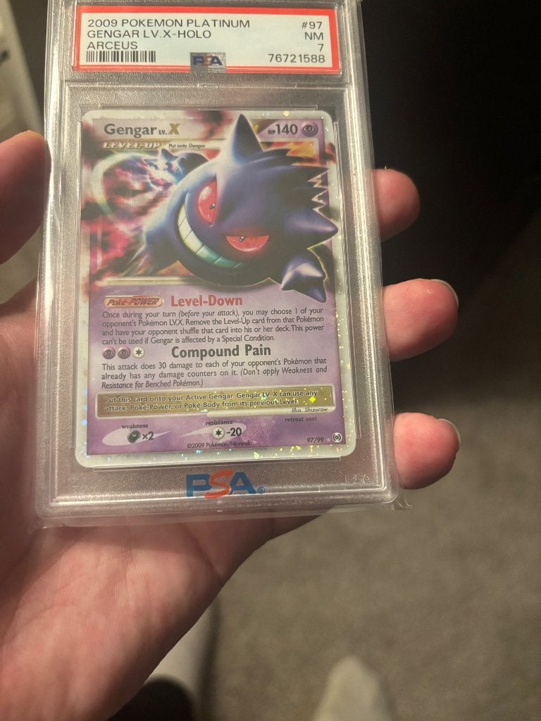 Gengar LV.X 97/99 Platinum Arceus Holo PSA 7 met SWIRL, Ophalen, Zo goed als nieuw, Losse kaart, Foil
