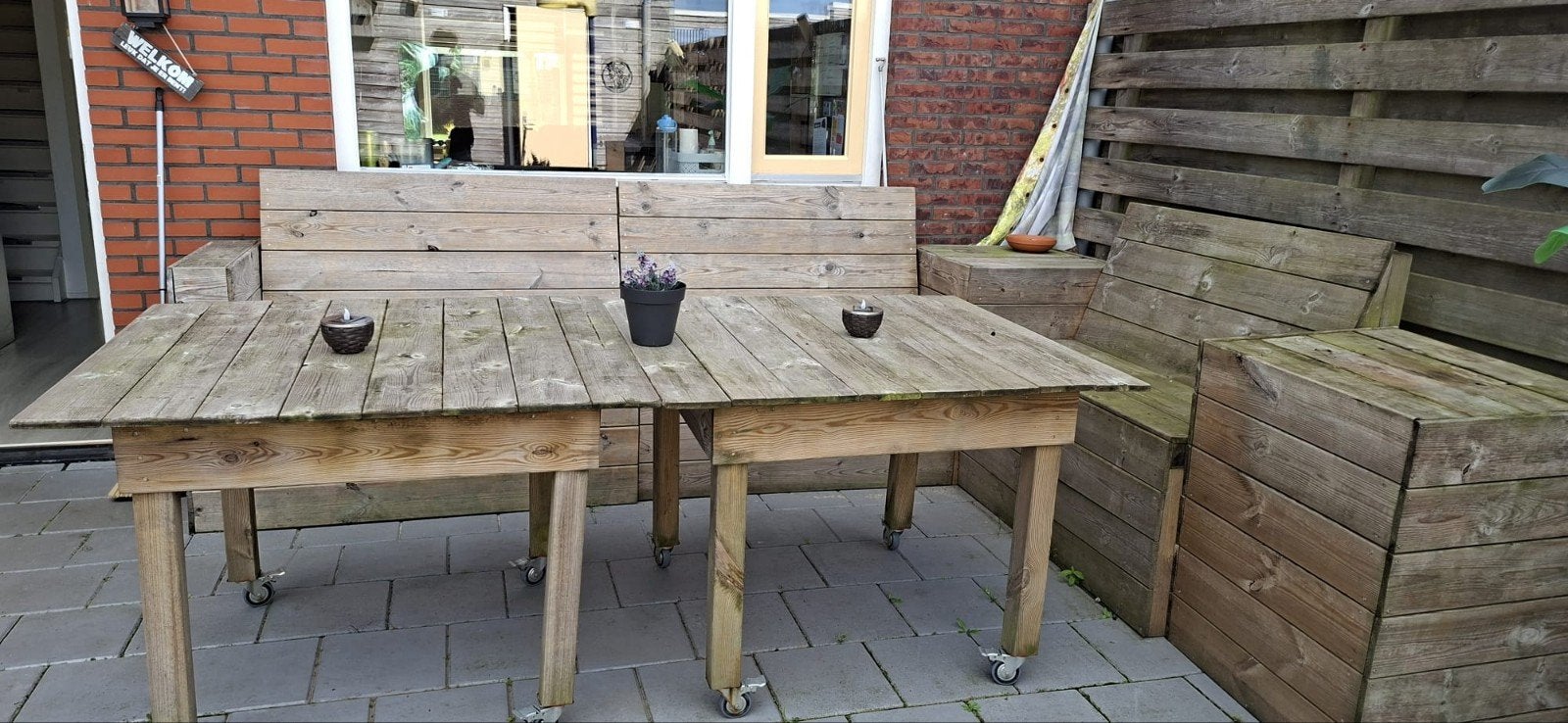 Gratis: Zelfgemaakte houten tuinset met lange en kleine bank, Tuin en Terras, Ophalen, Hout, Bank, 2 zitplaatsen