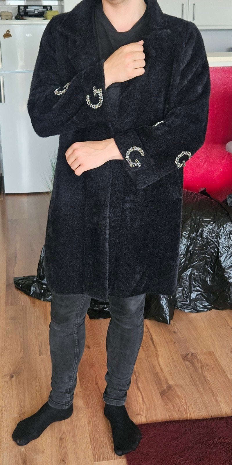Luxe Zwarte Wol & Angora Jas - Oversized met Kristallen, Verzenden, Zo goed als nieuw