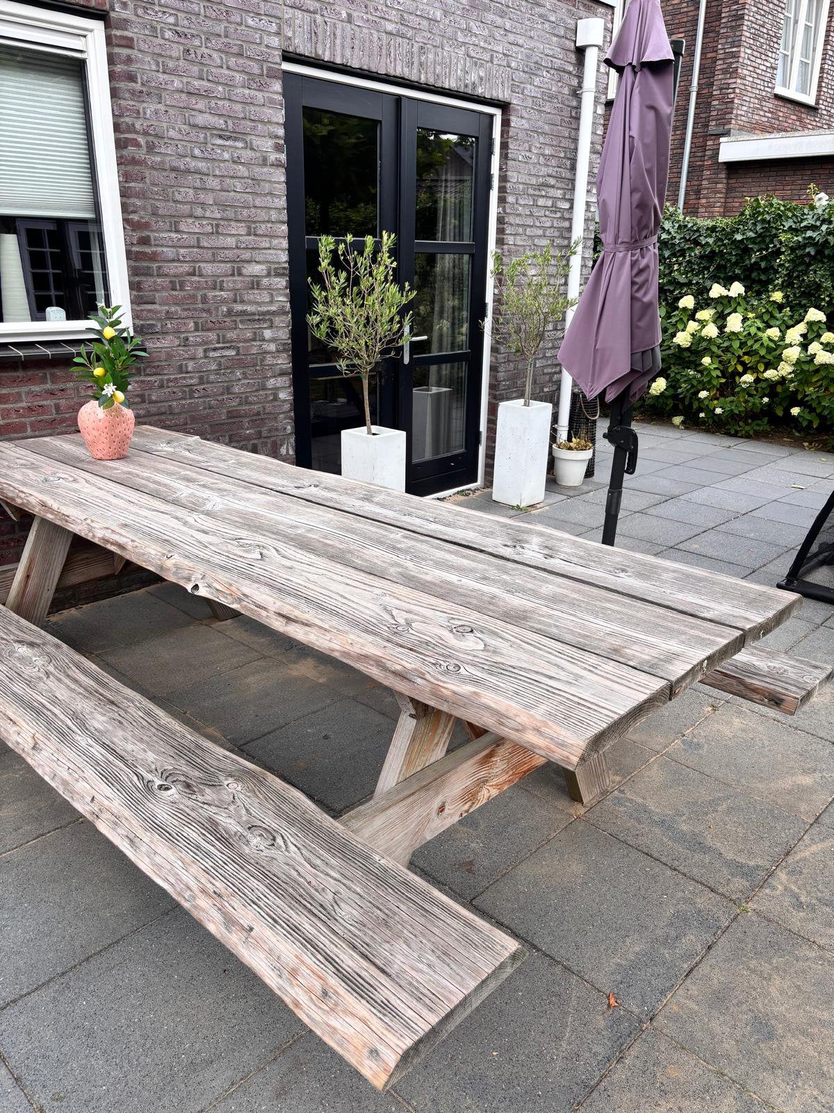 Picknicktafel - eikenhout (300 cm), Tuin en Terras, Picknicktafels, Ophalen, Gebruikt, Rechthoekig, Hout