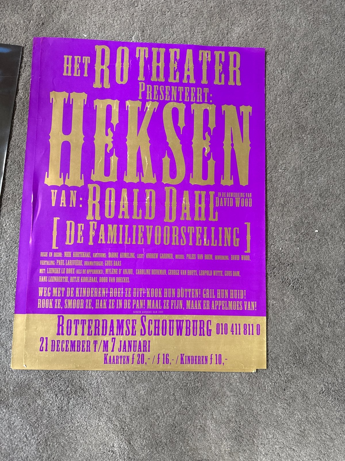 Oude theaterposter Heksen Roald Dahl - Rotterdamse Schouwbur, Ophalen, A1 t/m A3, Film en Tv, Rechthoekig Staand