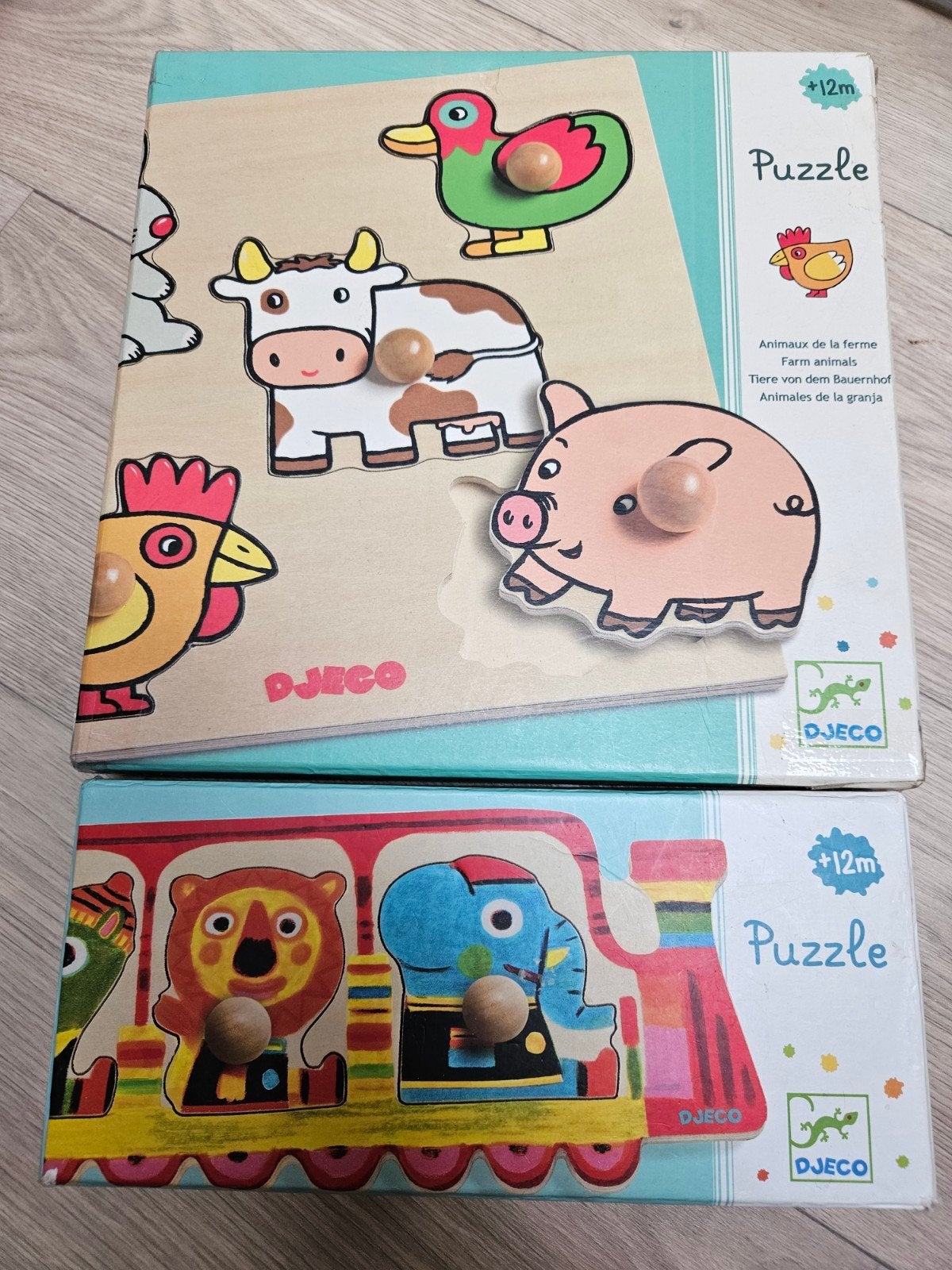 Djeco Houten Puzzels: Boerderijdieren & Trein, Kinderen en Baby's, Gebruikt, Ophalen of Verzenden, Van hout, Minder dan 10 stukjes