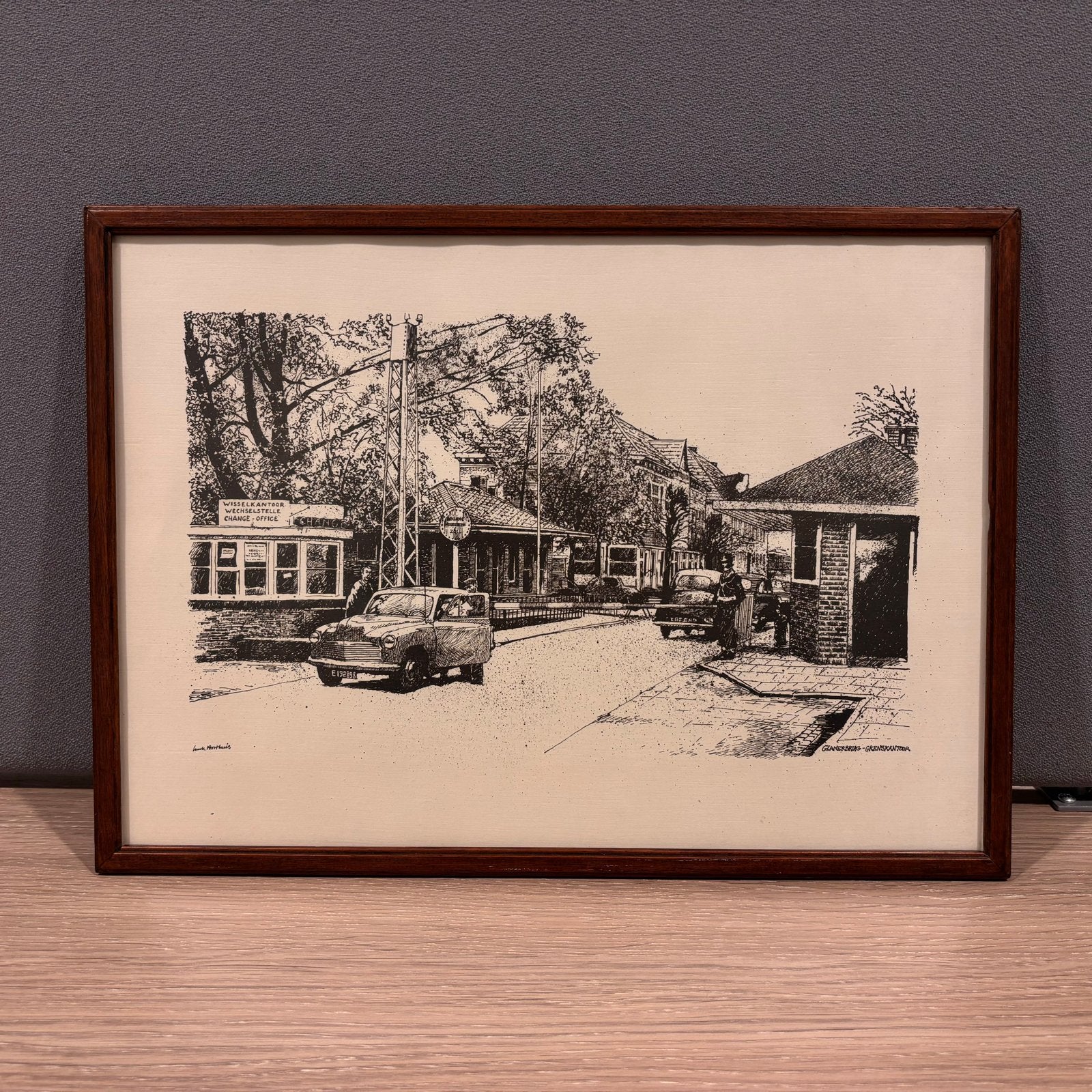 Vintage Luuk Poorthuis Glanerbrug Grenskantoor  Houten Lijst, Antiek en Kunst, Stadsgezicht, Ophalen of Verzenden, Gesigneerd