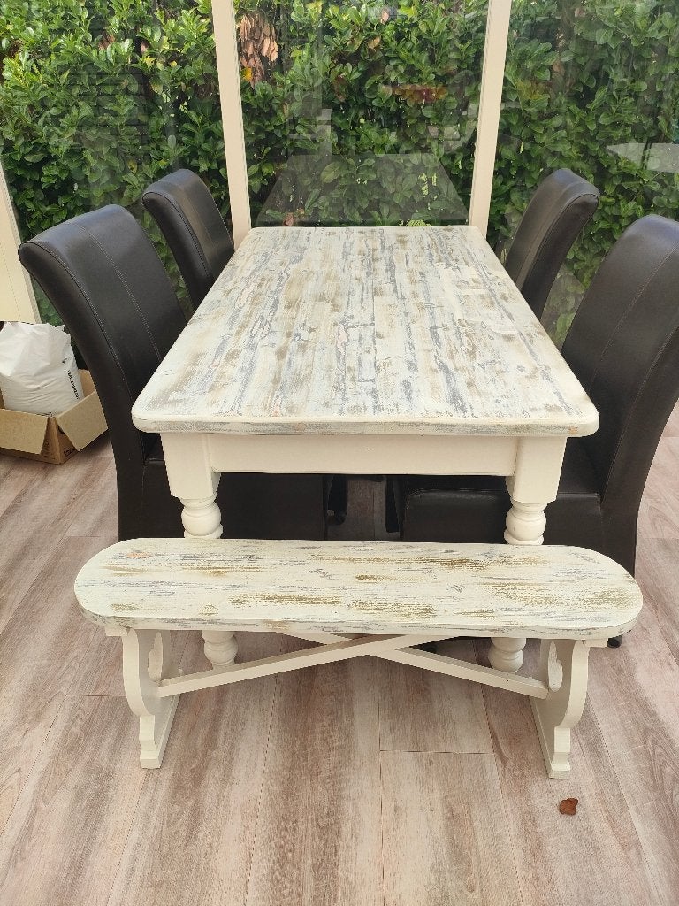 houten eettafel met houten bankje, Ophalen, Gebruikt, 50 tot 100 cm, Vijf personen of meer