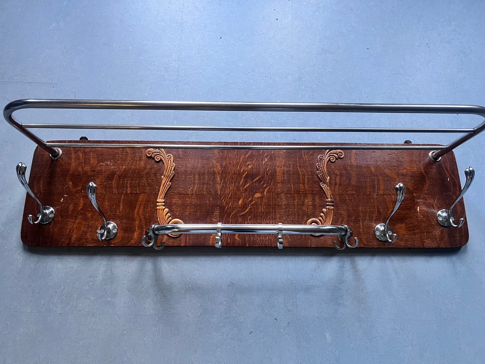 Vintage art deco wandkapstok hout fineer. Br 100cm., Gebruikt, Minder dan 100 cm, Hout, Ophalen