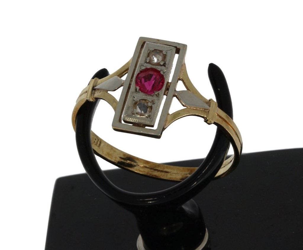 Diamanten art deco robijn fraai 14k gouden ring dame antiek, Ophalen of Verzenden, Goud, Ring, Met edelsteen