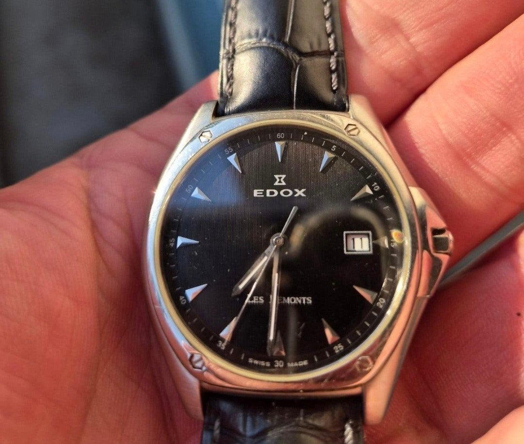 Edox Les Bemonts Ultra Slim Quartz Heren horloge, Leer, Staal, Polshorloge, Zo goed als nieuw