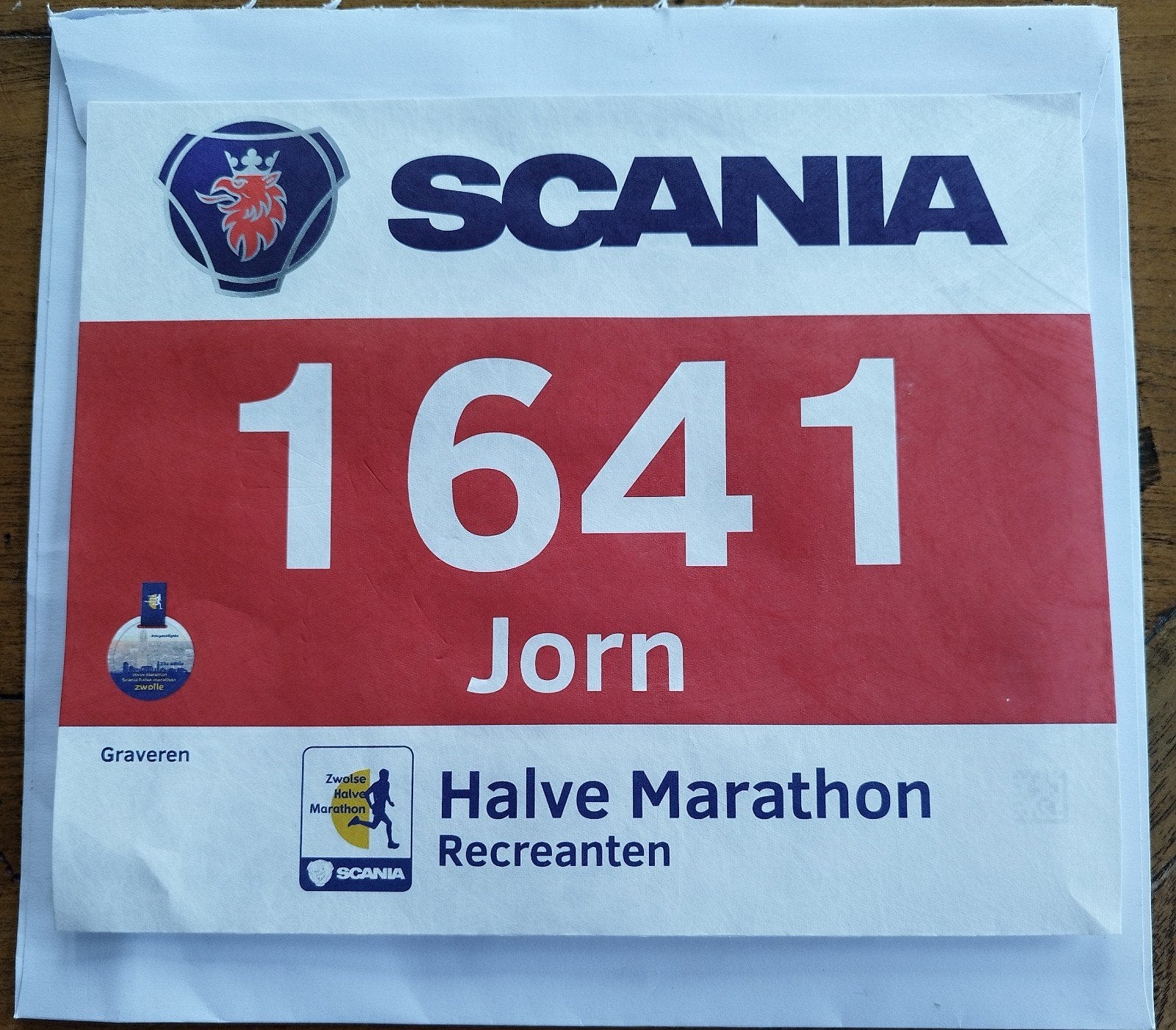 Halve marathon Zwolle startbewijs 21 km (Graveren), Eén persoon