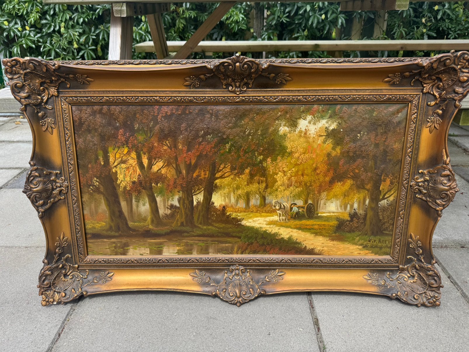 Klassiek schilderij (landschap, man en paard) K. Van Beek, Ophalen, Doek, Landschap, Olieverf